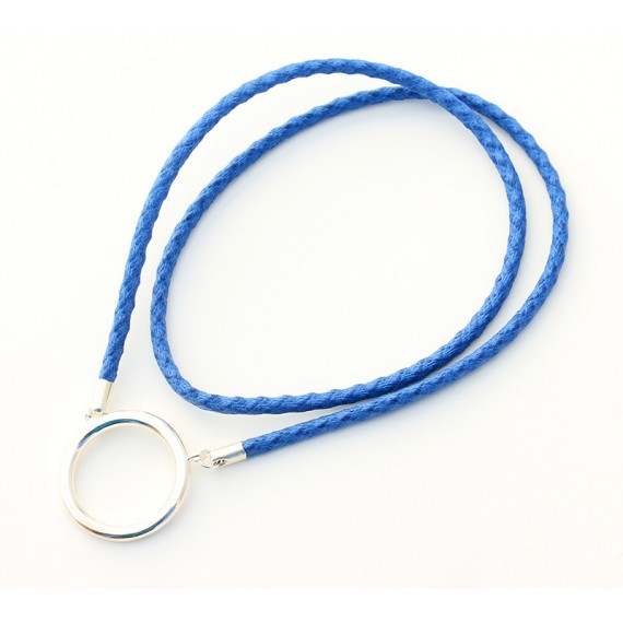 Large plated silver ring pendant with Blue braided cotton