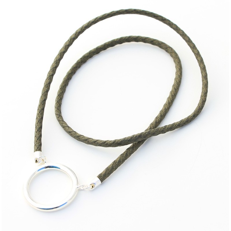 Large plated silver ring pendant with Khaki braided cotton