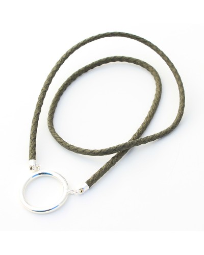 Large plated silver ring pendant with Khaki braided cotton