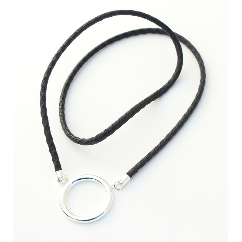 Large plated silver ring pendant with Black braided cotton