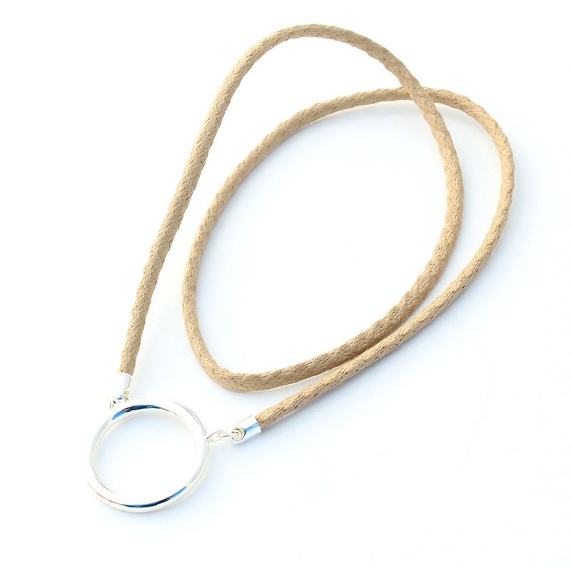 Large plated silver ring pendant with Beige braided cotton
