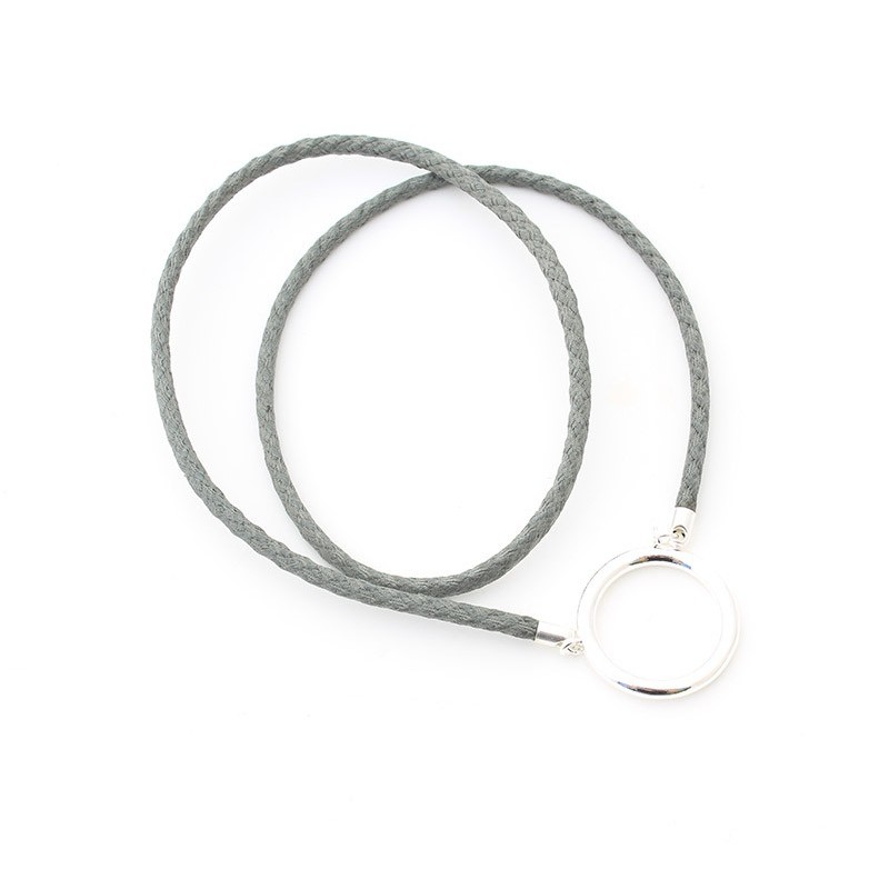 Large plated silver ring pendant with Grey braided cotton