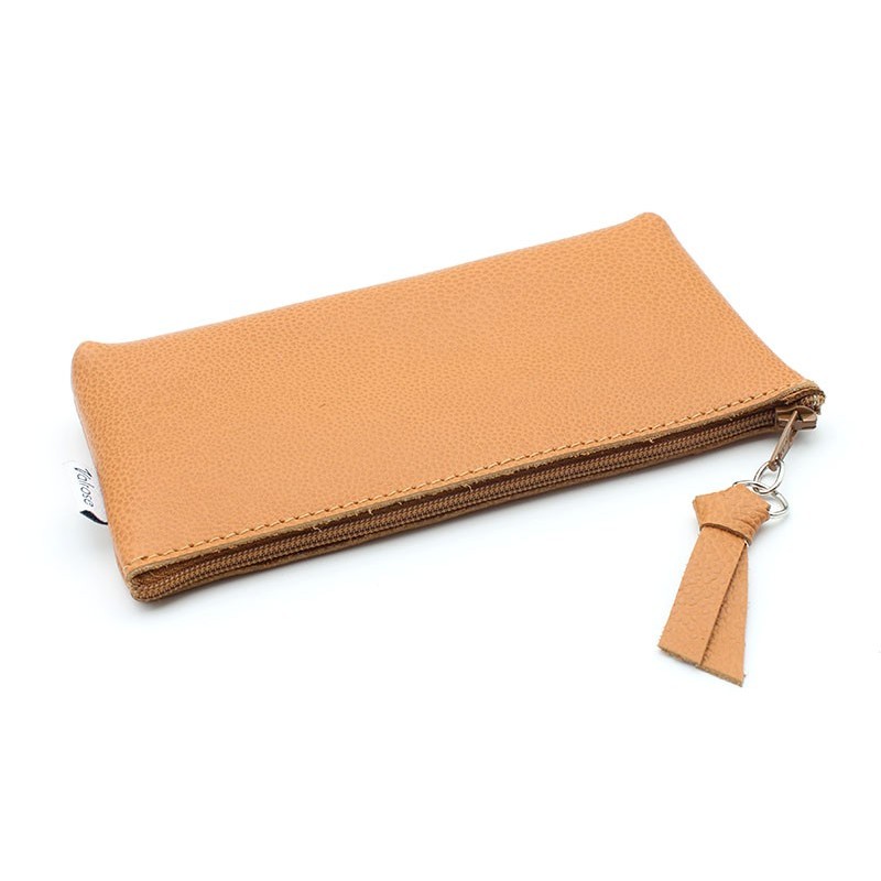 Pochette zippée en cuir avec mousqueton Tabac