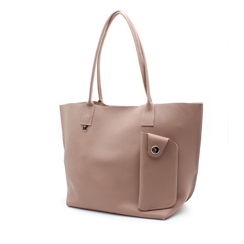 Love Birds - Large tote bags in leather with a front case Beige