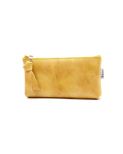 Pochette zippée en cuir Jaune motif corail avec mousqueton